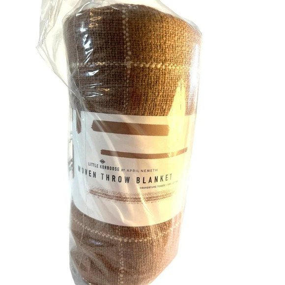 Little Korboose Woven Throw Blanket Brown Cream Plaid Size 50 x 60 - Picture 1 of 7